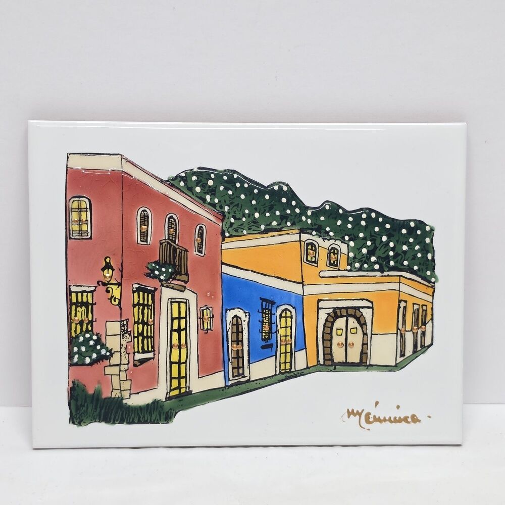 Puerto Rico Ceramic Tile Painting Art Colorful Old San Juan Signed By Monica